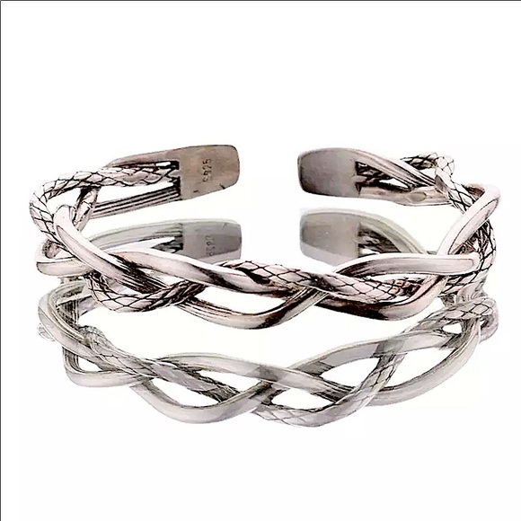 Braided Sterling Silver Bangle Cuff Bracelet - Picture 5 of 16